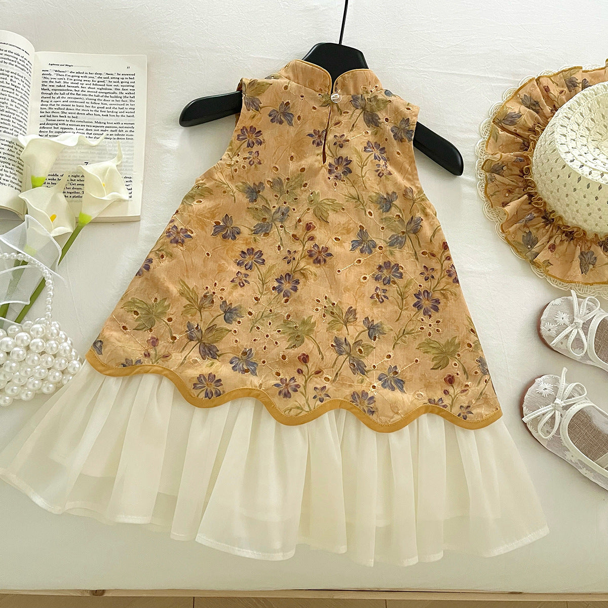 [963195] - Baju Gaun Dress Cheongsam Shanghai Imlek Lengan Kutung Chinese Fashion Anak Perempuan Cewek - Motif Yellow Flower - BABYHOKI STORE