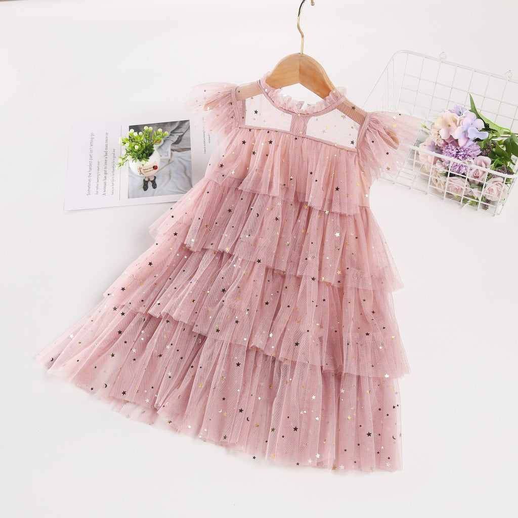 [963220] - Baju Gaun Dress Lengan Kutung Tile Style Anak Perempuan Cewek - Motif Star Sequins - BABYHOKI STORE