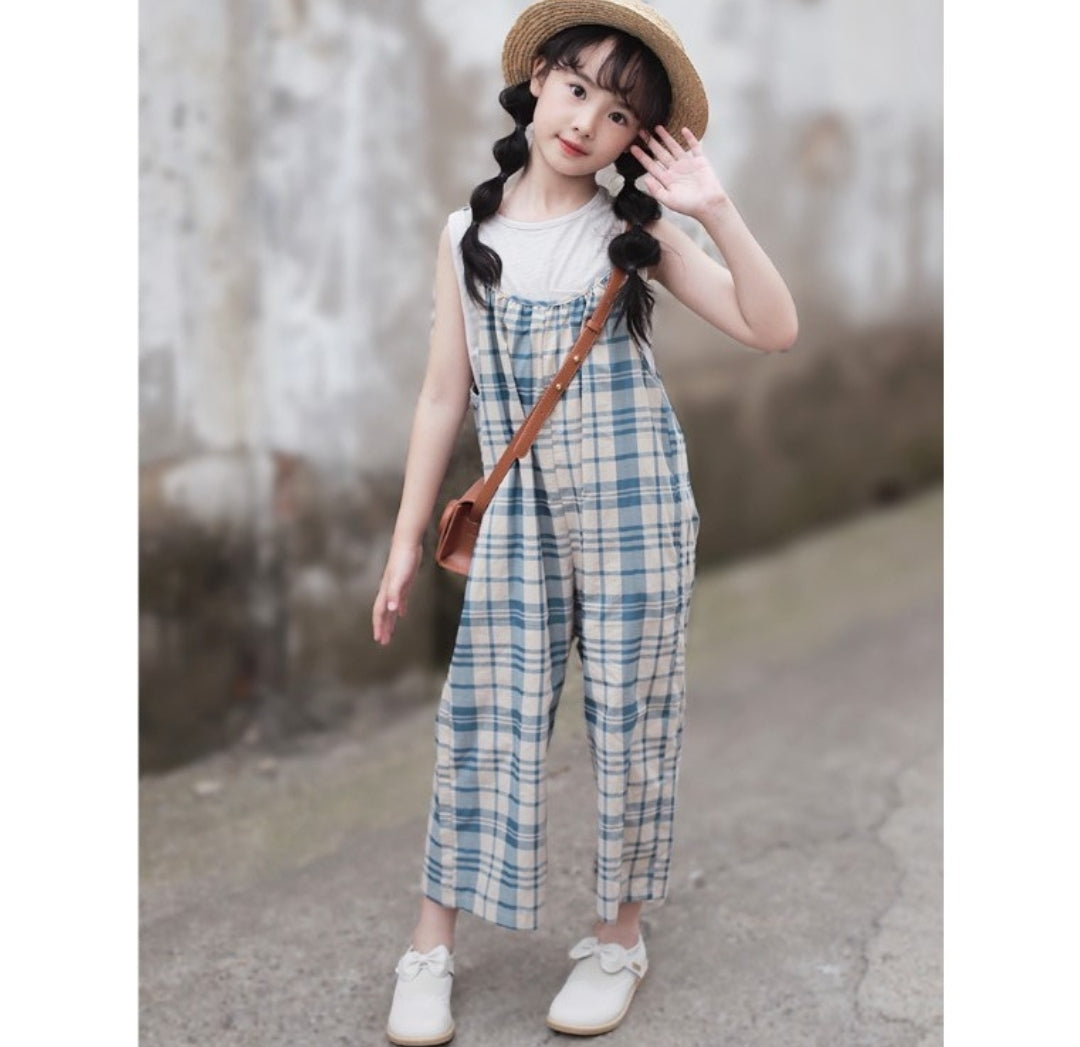 [5071042] - Setelan Baju Jumpsuit Kutung Bawahan Panjang Fashion Anak Perempuan - Motif Square Line