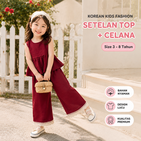[KV101101] - One Set 2in1 Baju Setelan Atasan Blouse Lengan Kutung Bawahan Celana Panjang Korean Fashion Style Anak Cewek Perempuan - Motif Solid Color with Lace - BABYHOKI STORE