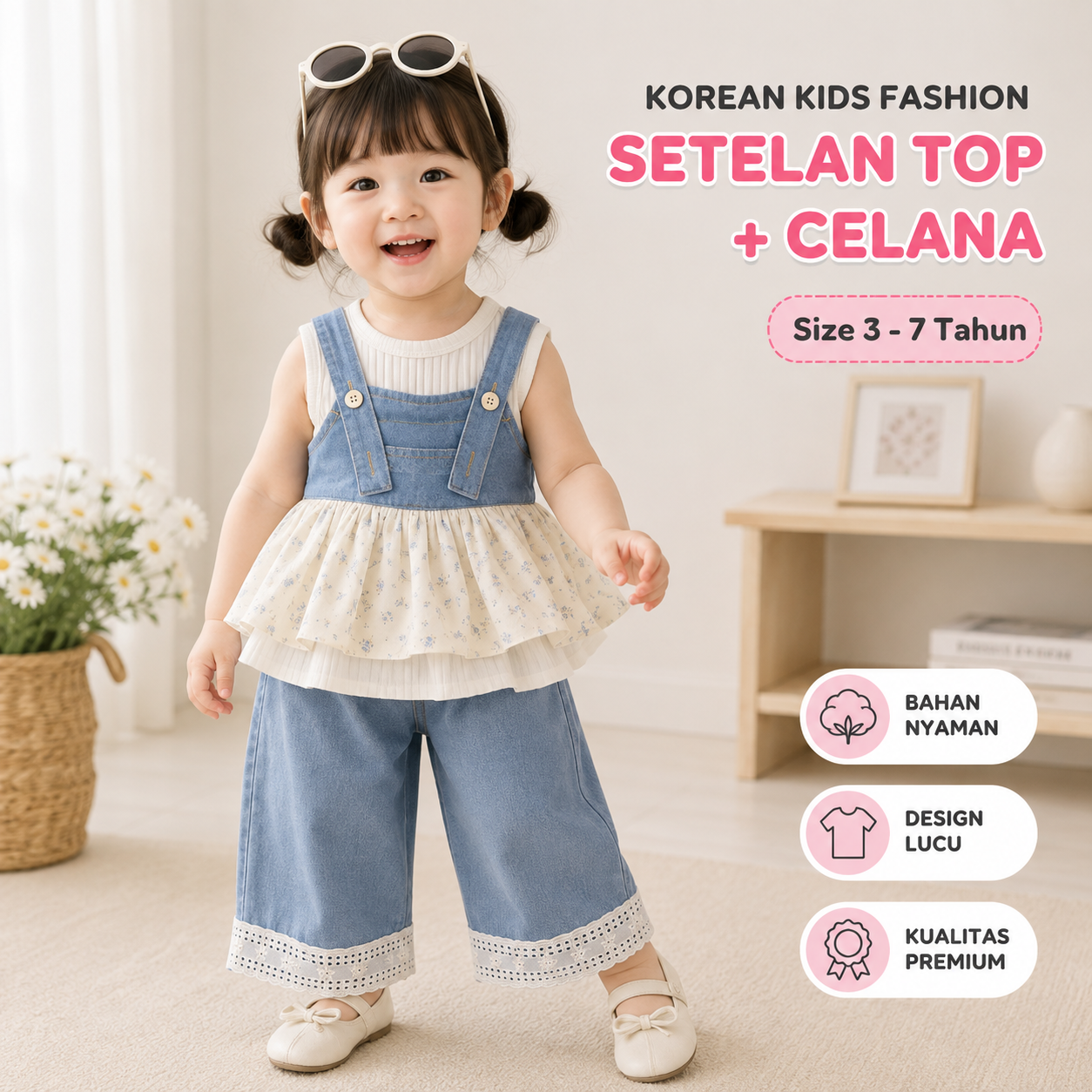 [363923] - One Set 3in1 Baju Setelan Atasan Lengan Kutung Vest Rompi Jeans Bawahan Celana Panjang Kulot Fashion Anak Cewek Perempuan - Motif Little Flower - BABYHOKI STORE