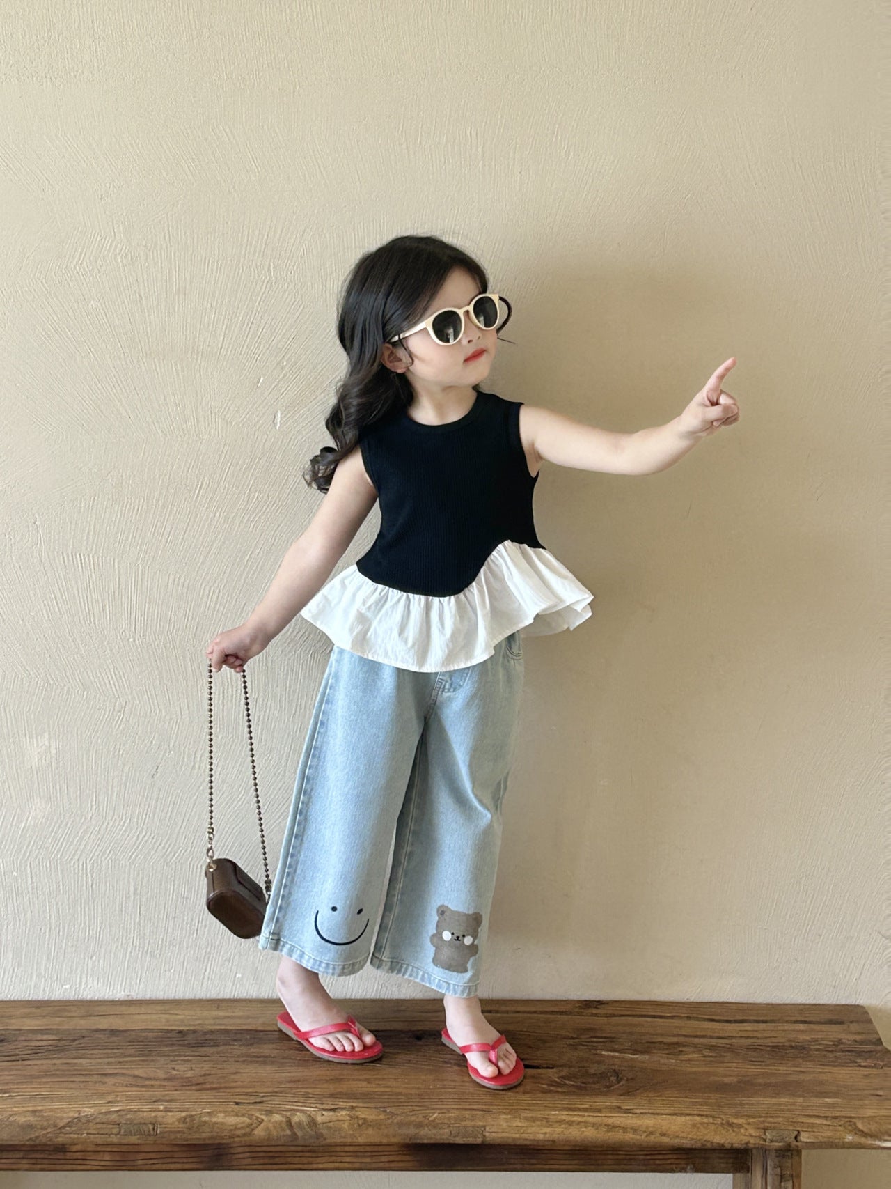 [5071126] - One Set 2in1 Baju Setelan Atasan Summer Suit Black Lengan Kutung Bawahan Celana Panjang Kulot Fashion Trendi Anak Perempuan Cewek - Motif Cute Bottom Image - BABYHOKI STORE