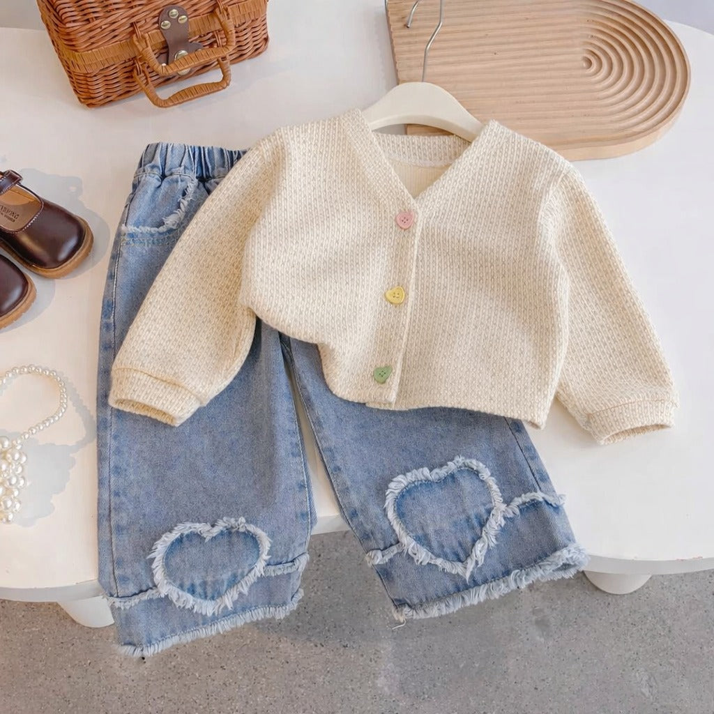 [363834] - Oneset Cardigan Rajut Anak Setelan Baju Lengan Panjang Celana Jeans Panjang Fashion Anak Perempuan