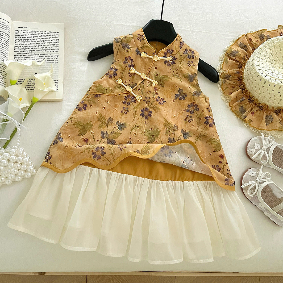 [963195] - Baju Gaun Dress Cheongsam Shanghai Imlek Lengan Kutung Chinese Fashion Anak Perempuan Cewek - Motif Yellow Flower - BABYHOKI STORE