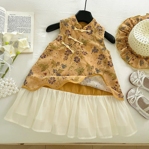 [963195] - Baju Gaun Dress Cheongsam Shanghai Imlek Lengan Kutung Chinese Fashion Anak Perempuan Cewek - Motif Yellow Flower - BABYHOKI STORE