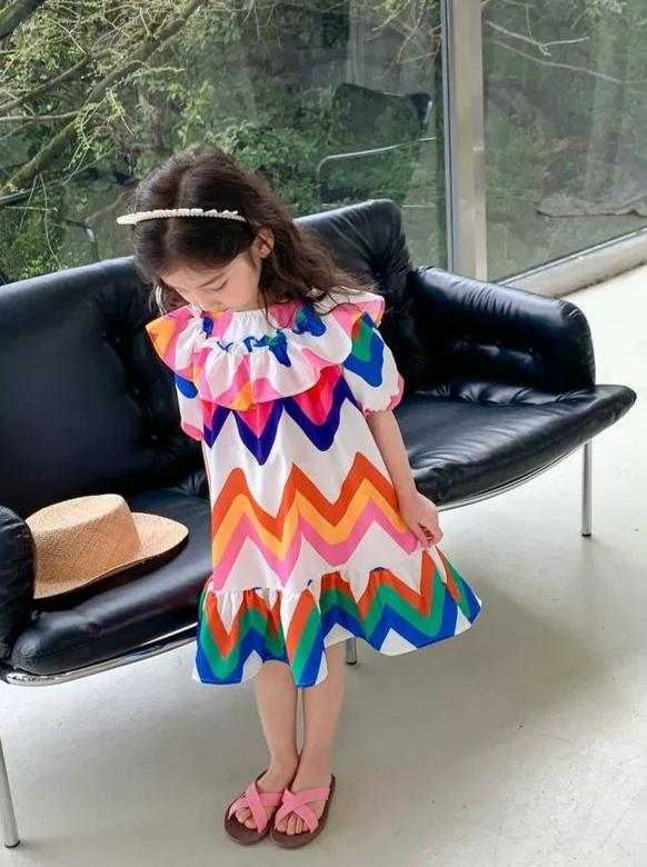 [507S105] - Baju Dress Lengan Pendek Fashion Anak Perempuan - Motif Color Vibrant