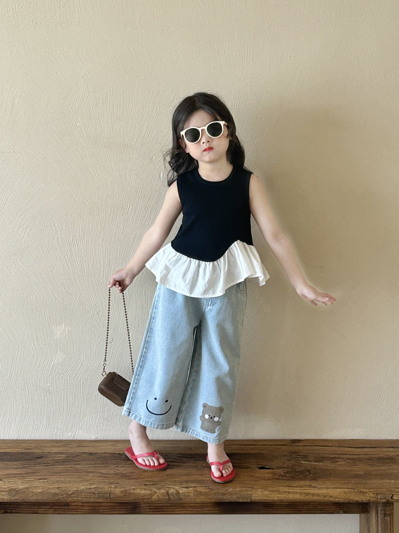 [5071126] - One Set 2in1 Baju Setelan Atasan Summer Suit Black Lengan Kutung Bawahan Celana Panjang Kulot Fashion Trendi Anak Perempuan Cewek - Motif Cute Bottom Image - BABYHOKI STORE