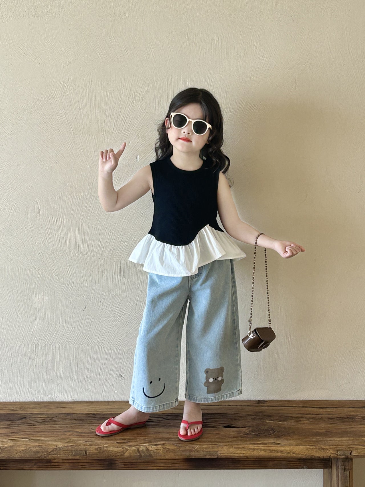 [5071126] - One Set 2in1 Baju Setelan Atasan Summer Suit Black Lengan Kutung Bawahan Celana Panjang Kulot Fashion Trendi Anak Perempuan Cewek - Motif Cute Bottom Image - BABYHOKI STORE