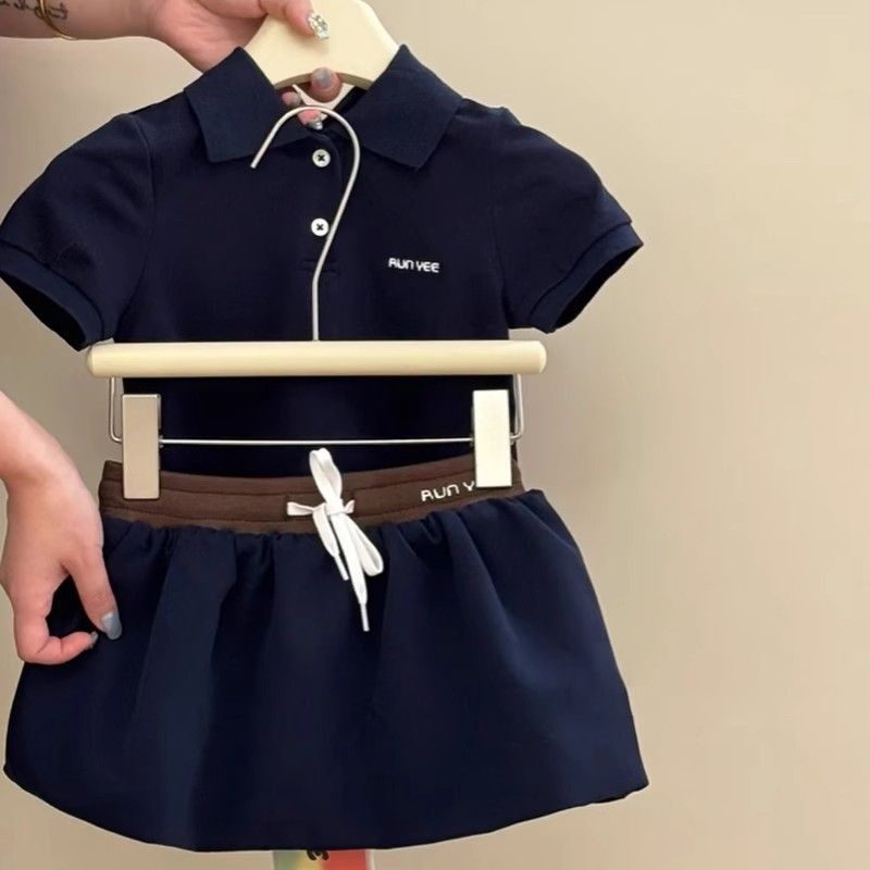 [5071175] - One Set 2in1 Baju Setelan Atasan Kaos Kerah Lengan Pendek Bawahan Rok Pendek Comfort Fashion Style Anak Perempuan Cewek - Motif Basic Navy Color - BABYHOKI STORE