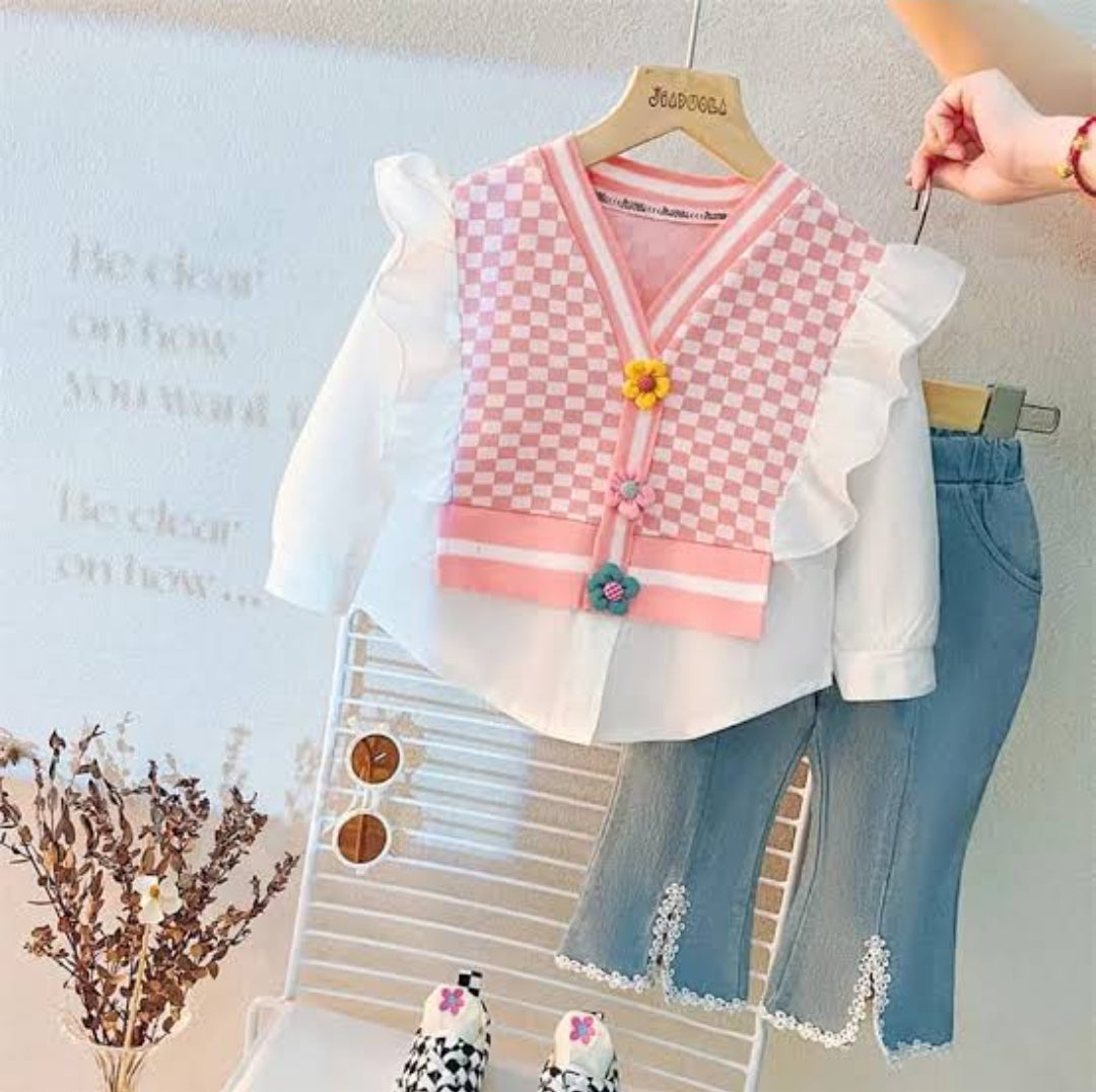 [340339-V1] - Setelan Blouse Cardigan Celana Jeans Anak Perempuan - Motif Box Box