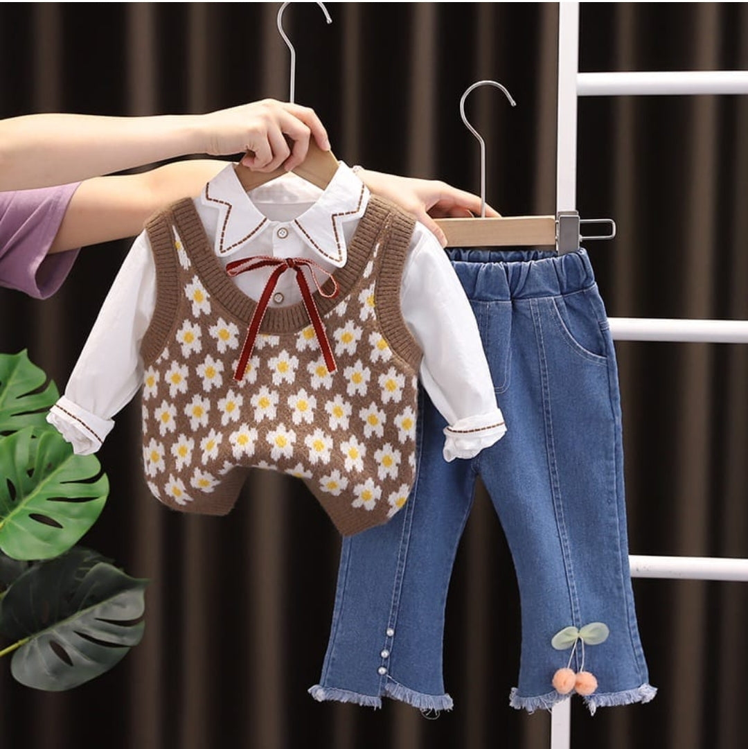 [340337-V1] - Setelan Sweater Blouse Celana Jeans Anak Perempuan - Motif Neat Flowers