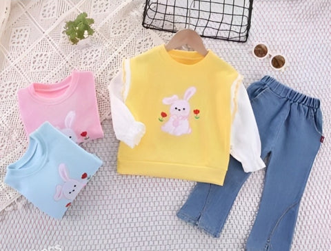 [340338-V1] - Setelan Sweater Blouse Celana Jeans Anak Perempuan - Motif Flower Rabbit