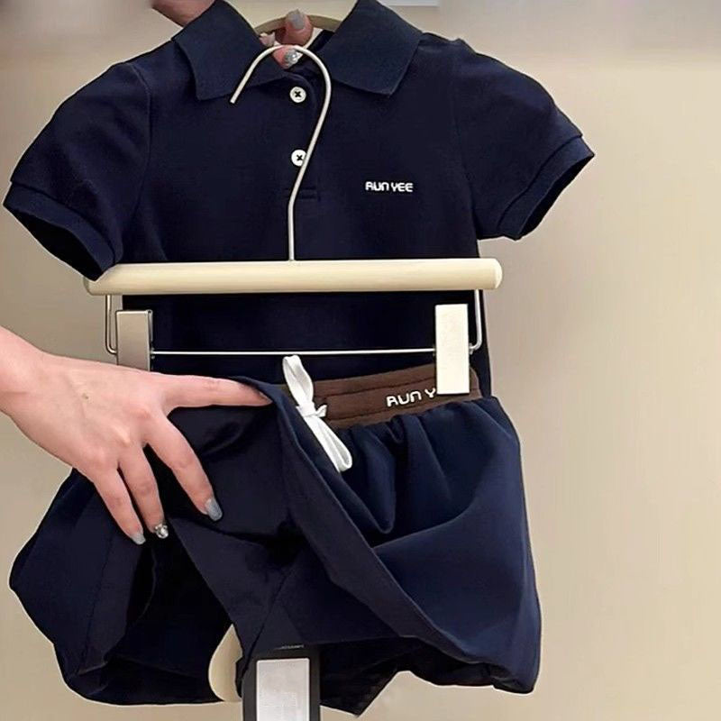 [5071175] - One Set 2in1 Baju Setelan Atasan Kaos Kerah Lengan Pendek Bawahan Rok Pendek Comfort Fashion Style Anak Perempuan Cewek - Motif Basic Navy Color - BABYHOKI STORE