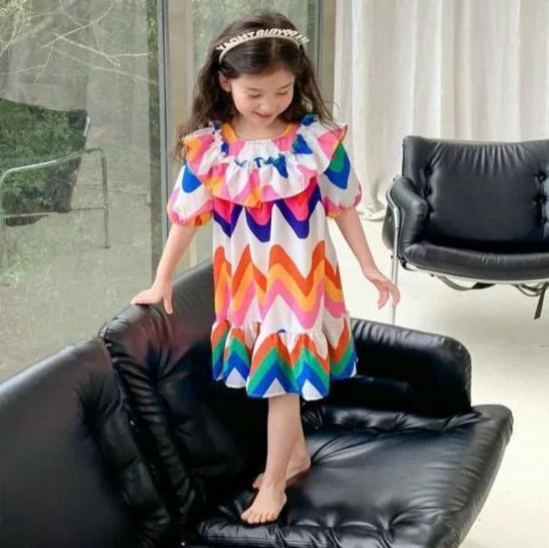 [507S105] - Baju Dress Lengan Pendek Fashion Anak Perempuan - Motif Color Vibrant