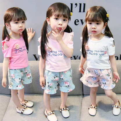 [102511] - Baju Setelan Kaos Fashion Import Anak Perempuan - Motif Writing Flowers