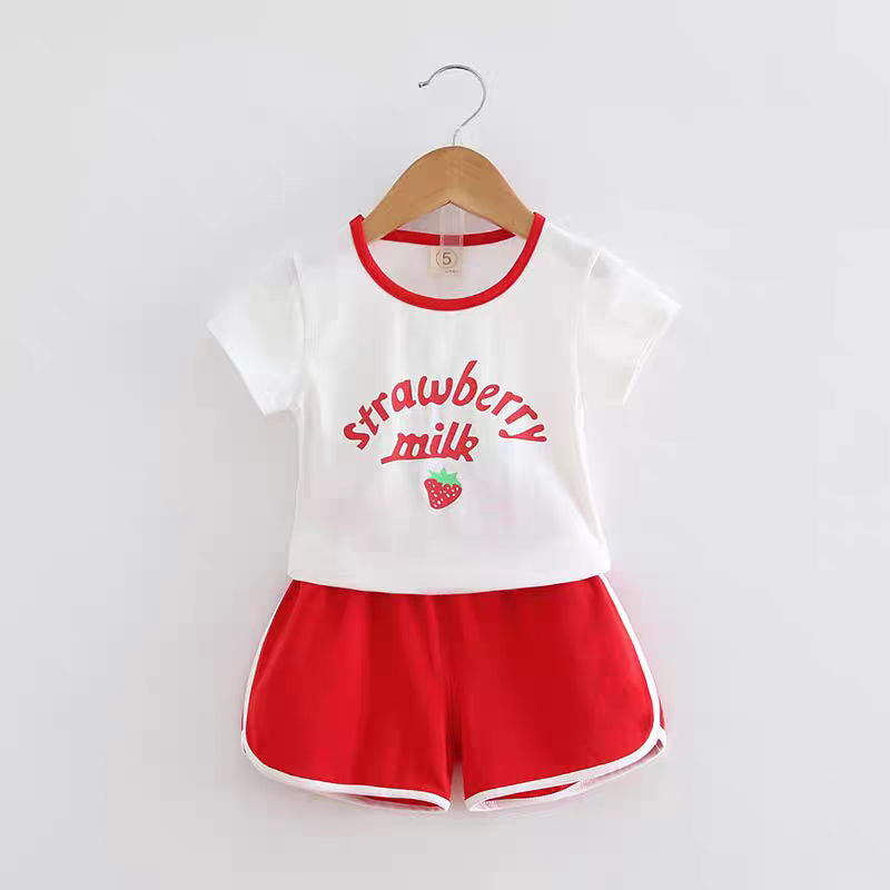 [102534] - Baju Setelan Kaos Santai Fashion Import Anak Perempuan - Motif Strawberry Milk