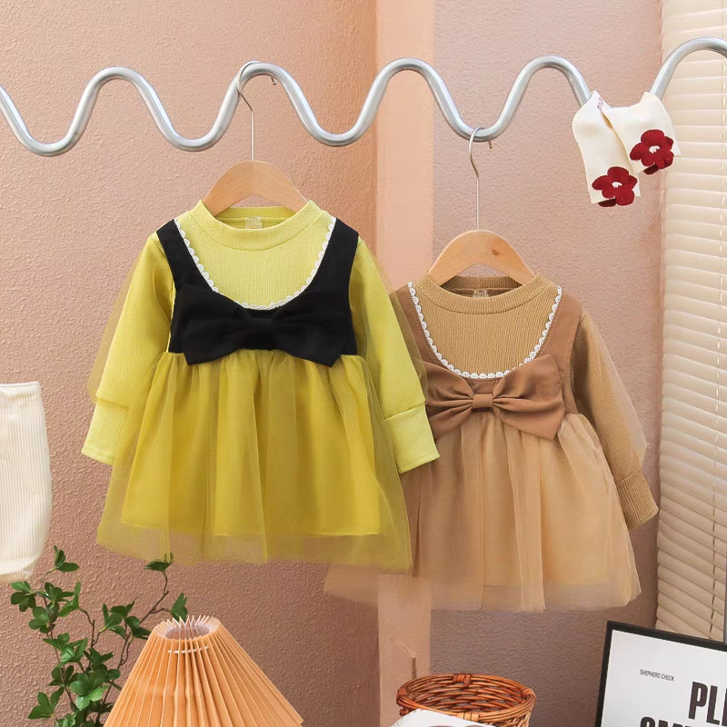 [340356-V1] - Baju Mini Dress Lengan Panjang Anak Perempuan Fashion - Motif Plain Ribbon