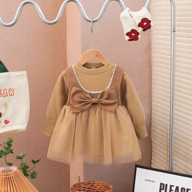 [340356-V1] - Baju Mini Dress Lengan Panjang Anak Perempuan Fashion - Motif Plain Ribbon