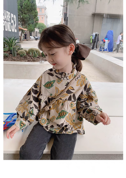 [507792] - Baju Blouse Lengan Panjang Fashion Anak Perempuan - Motif Leaf Flowers