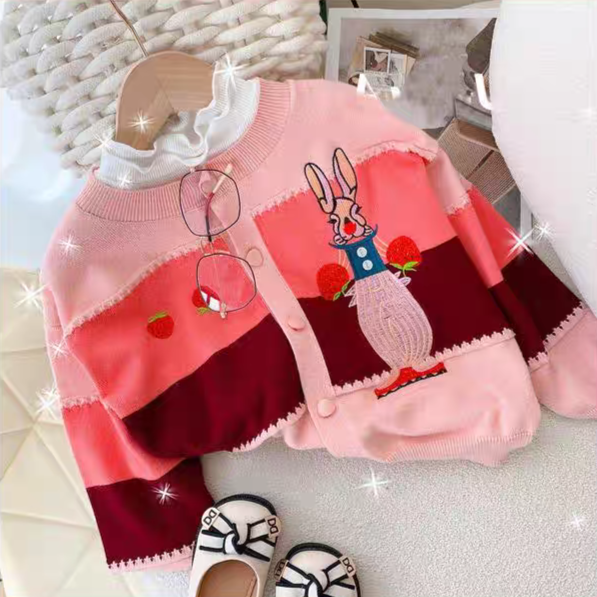 [507S186] - Baju Atasan Jaket Cardigan Lengan Panjang Fashion Anak Perempuan - Motif Strawberry Rabbit