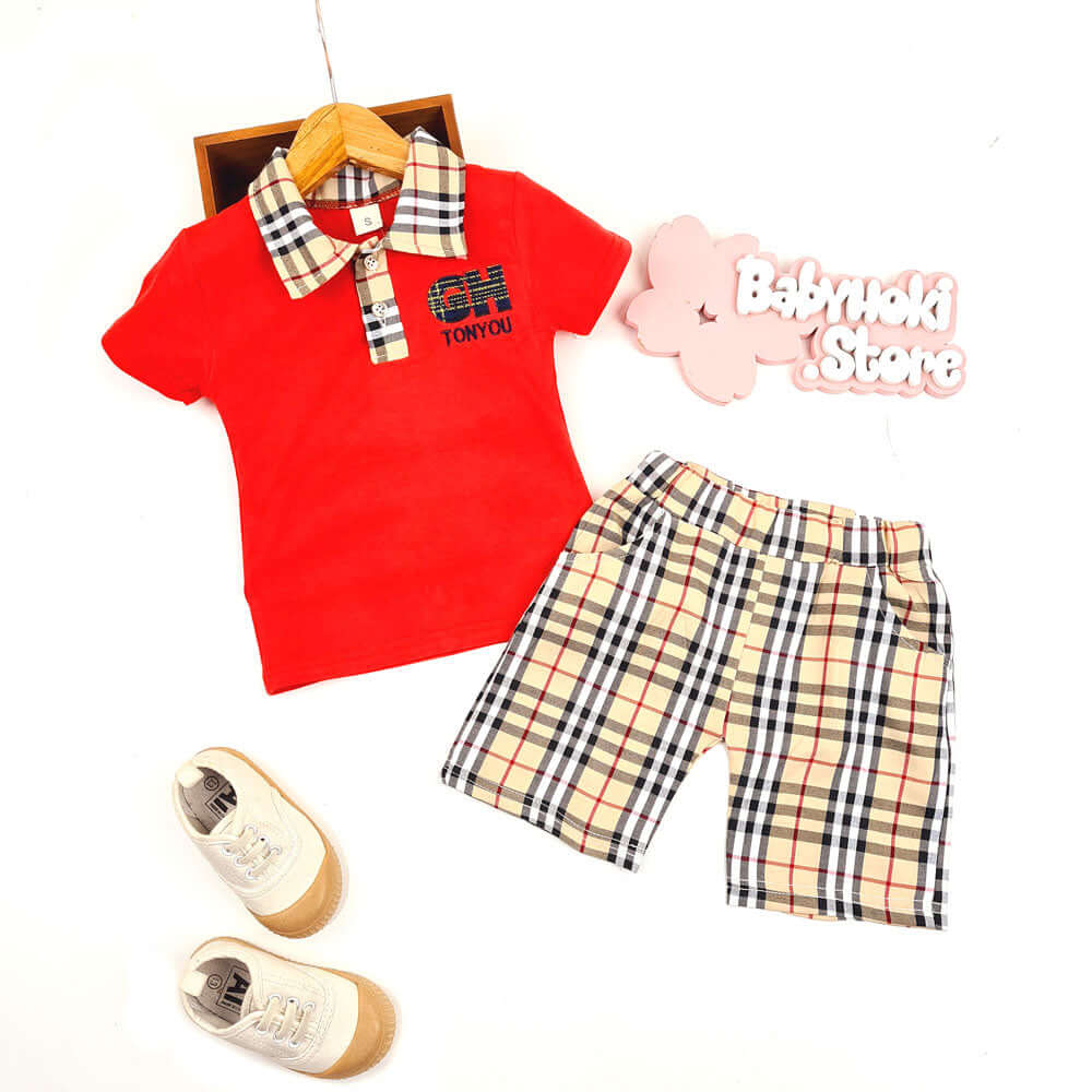 [001154] - Fashion Setelan Kaos Polo Anak - Motif Gingham Tonyou