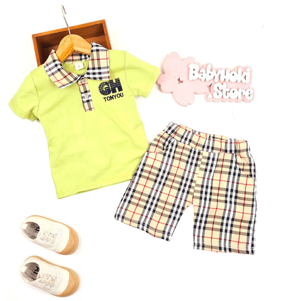 [001154] - Fashion Setelan Kaos Polo Anak - Motif Gingham Tonyou