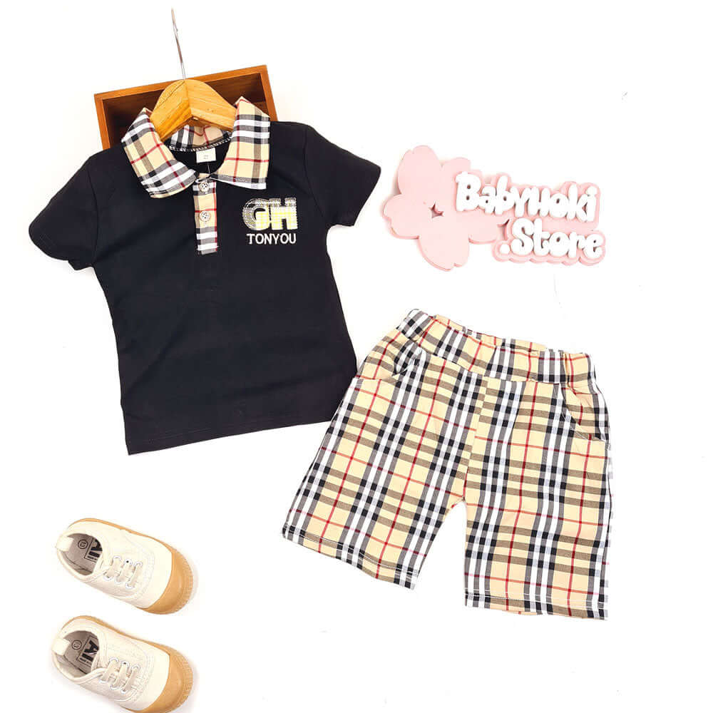 [001154] - Fashion Setelan Kaos Polo Anak - Motif Gingham Tonyou