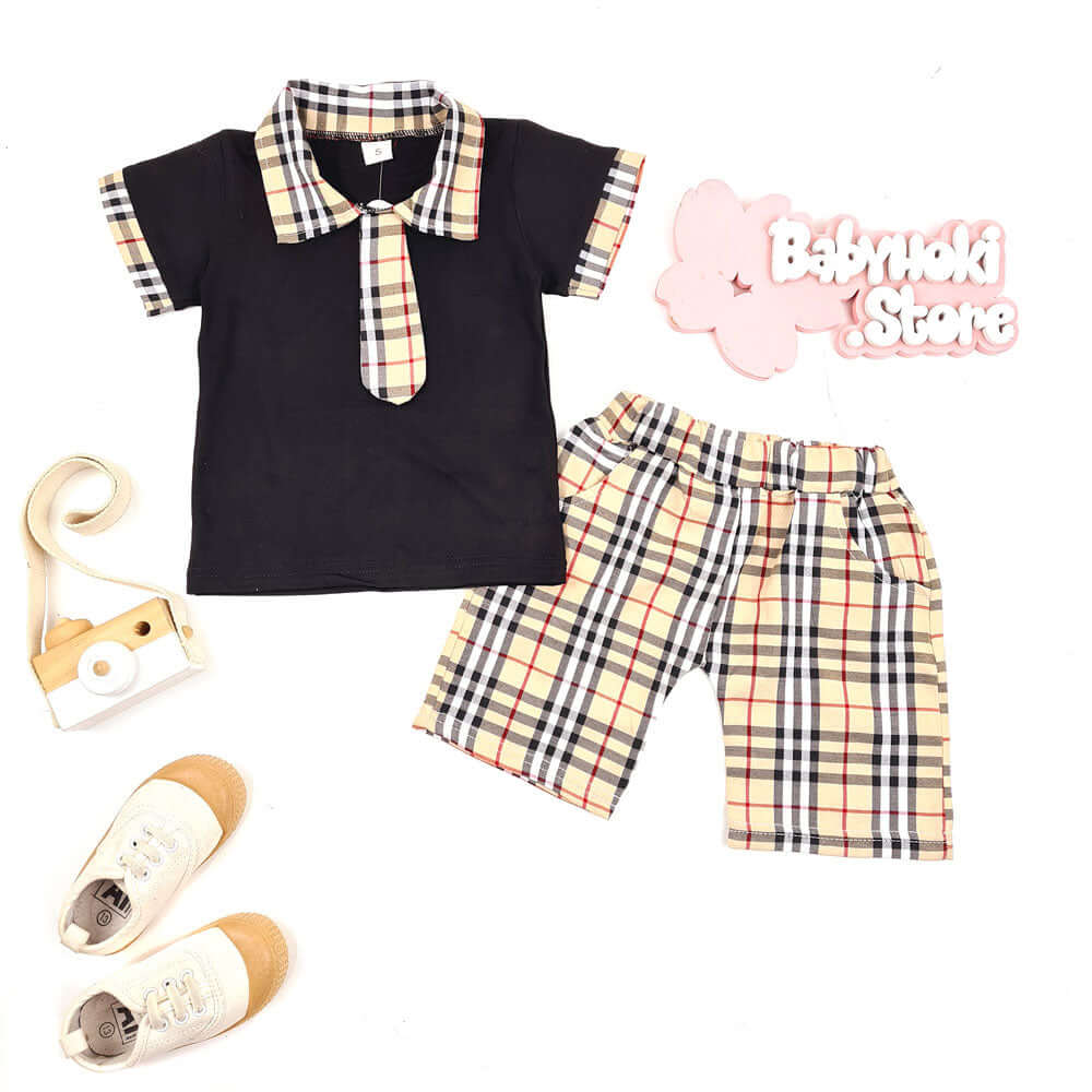[001155] - Fashion Setelan Kaos Polo Anak - Motif Gingham Tie