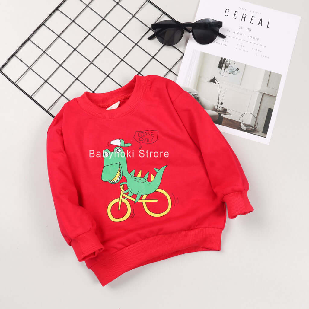 [001236] - Atasan Sweater Anak Perempuan - Motif Dino's Bike