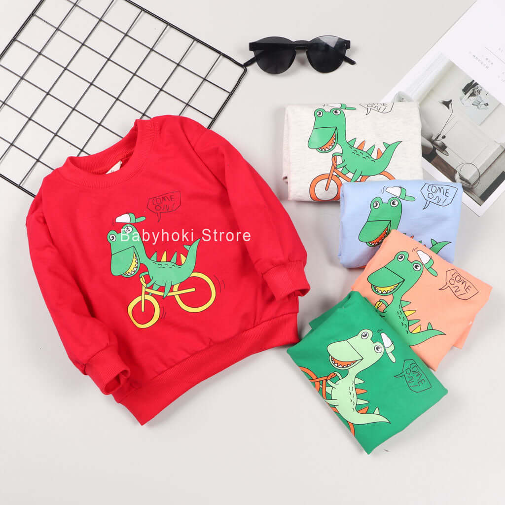 [001236] - Atasan Sweater Anak Perempuan - Motif Dino's Bike