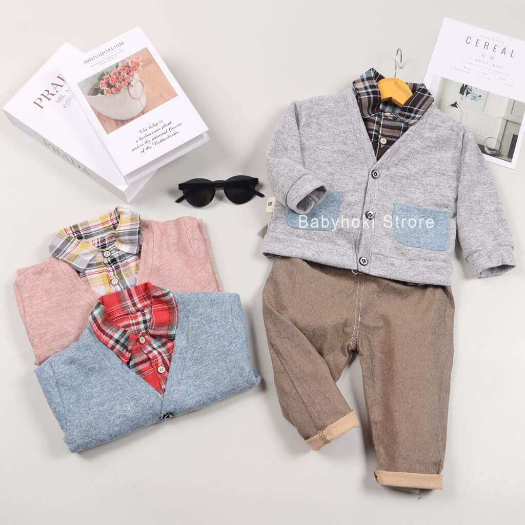 [001241] - Setelan 3 In 1 Kemeja Trendy Anak - Motif Gingham Box