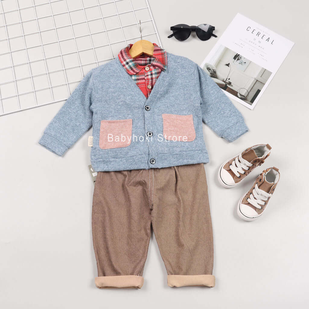 [001241] - Setelan 3 In 1 Kemeja Trendy Anak - Motif Gingham Box