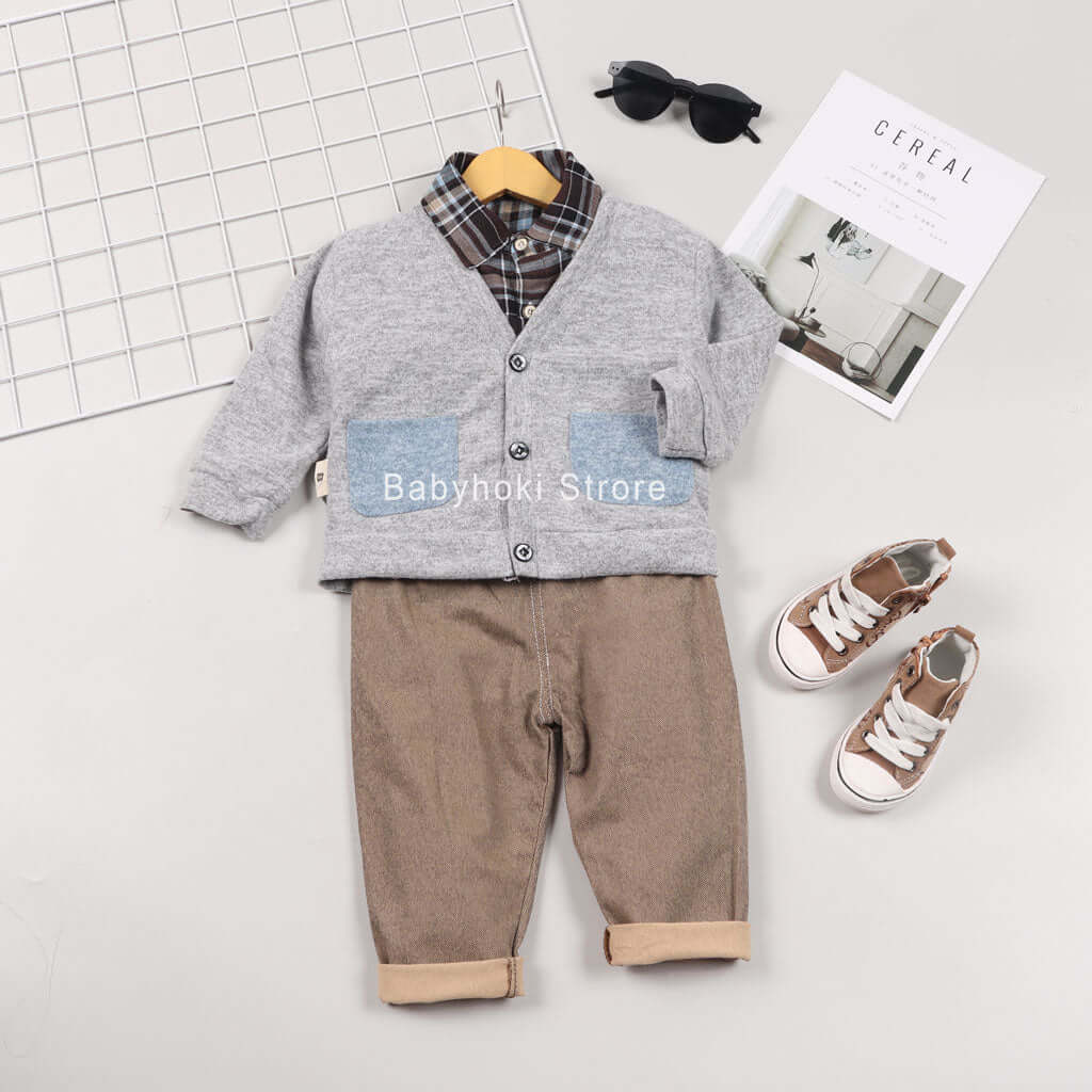 [001241] - Setelan 3 In 1 Kemeja Trendy Anak - Motif Gingham Box