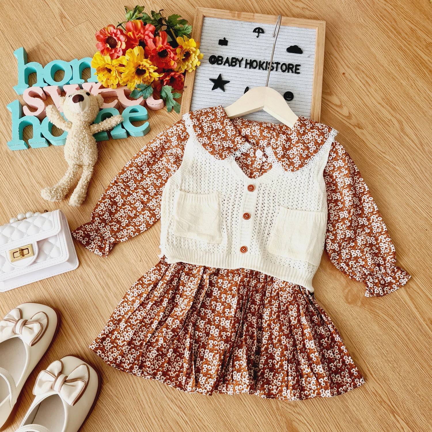 [001413] - Dress Rompi Lengan Panjang Gaya Korea Anak Perempuan - Motif Knitting Flowers