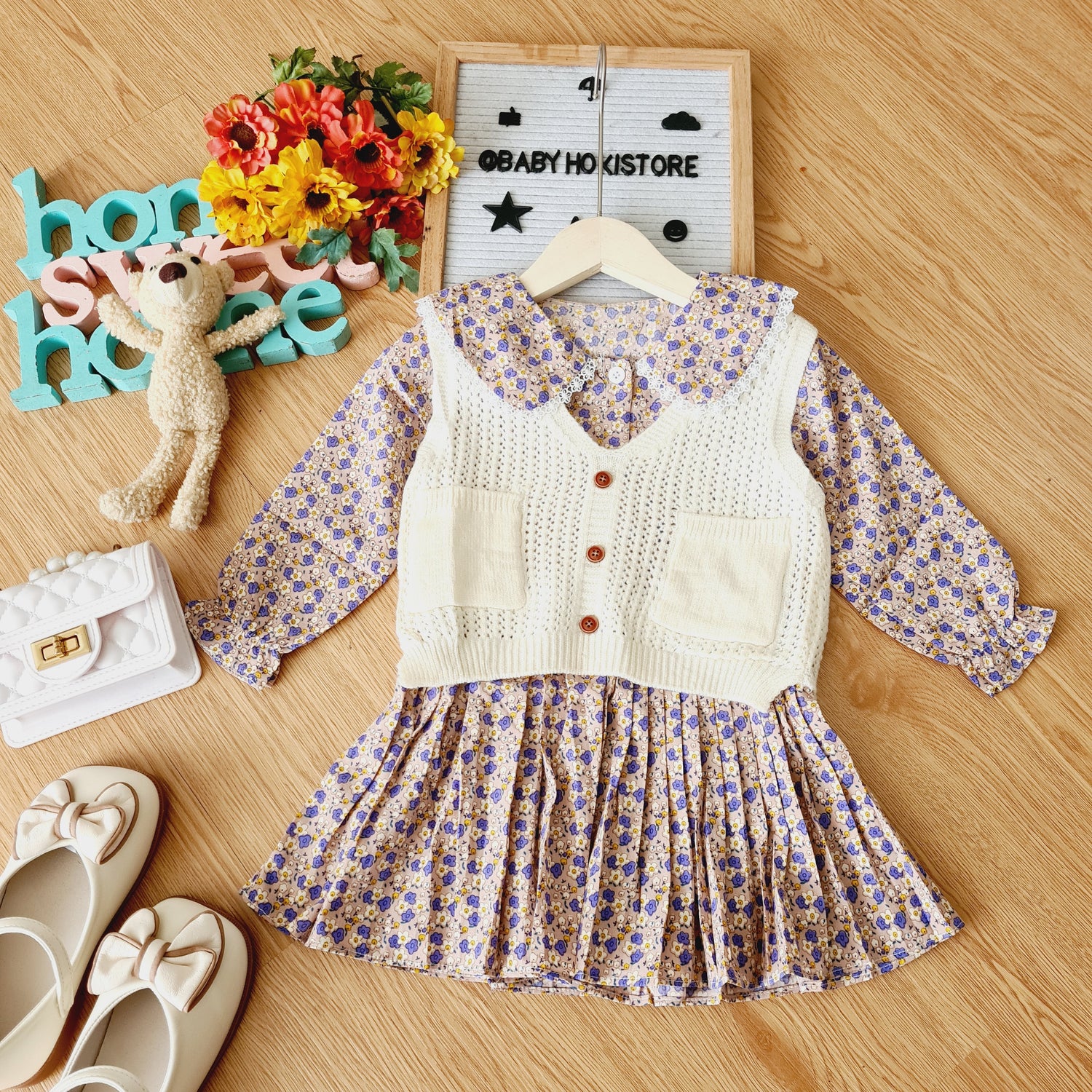 [001413] - Dress Rompi Lengan Panjang Gaya Korea Anak Perempuan - Motif Knitting Flowers
