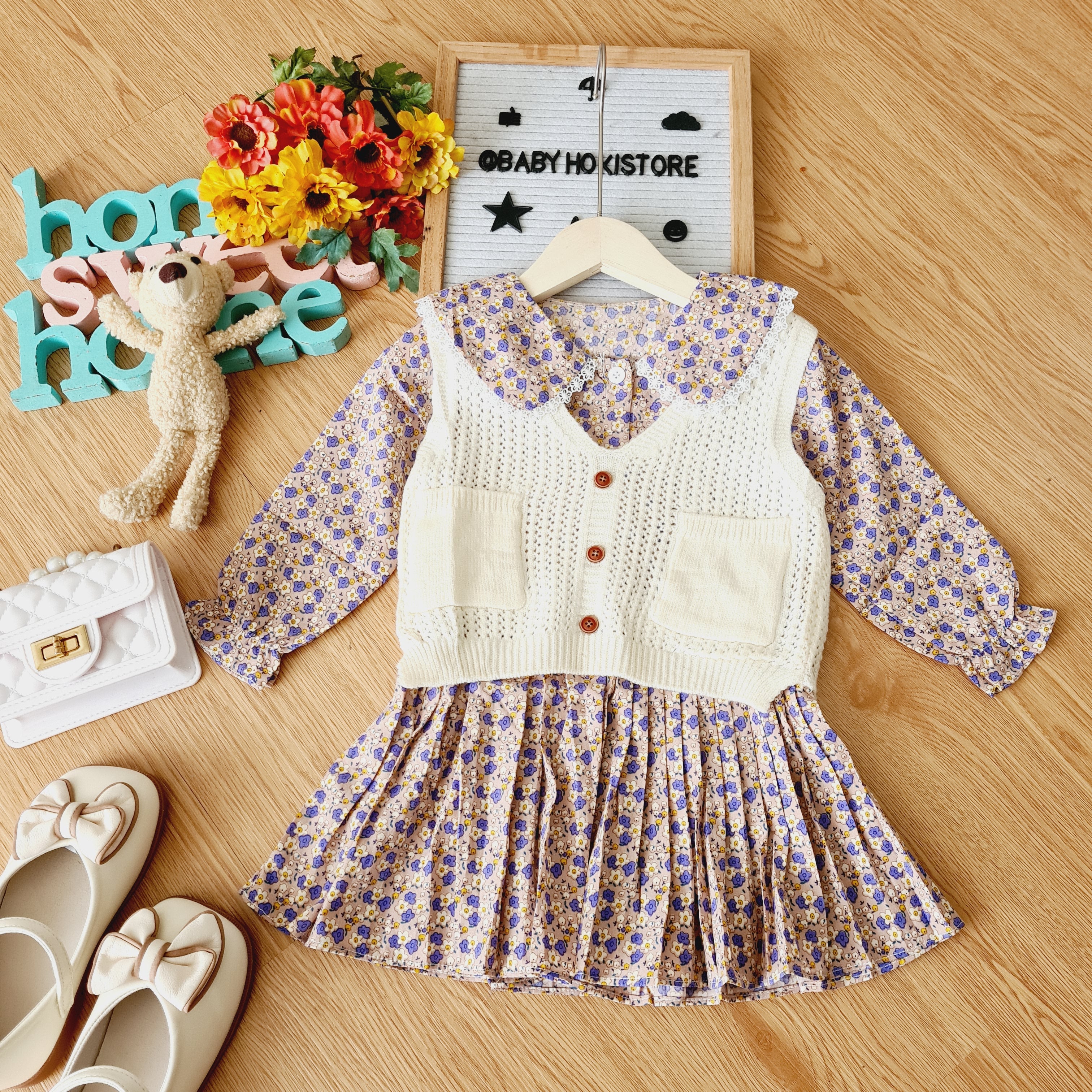 [001413] - Dress Rompi Lengan Panjang Gaya Korea Anak Perempuan - Motif Knitting Flowers