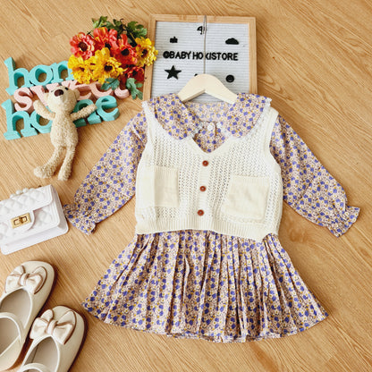 [001413] - Dress Rompi Lengan Panjang Gaya Korea Anak Perempuan - Motif Knitting Flowers