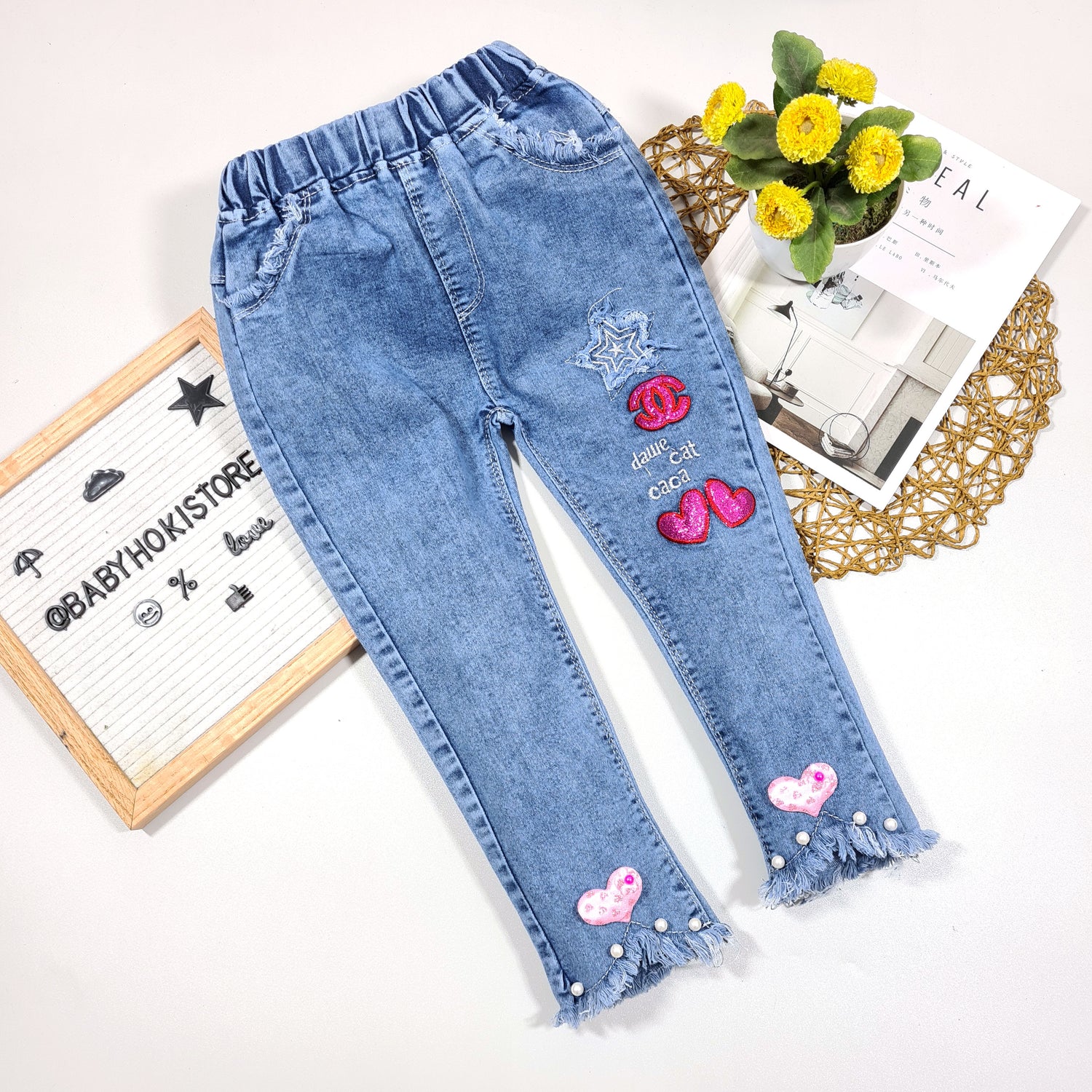 [001323] - Bawahan Jeans Panjang Anak Import - Motif Cute Star Love