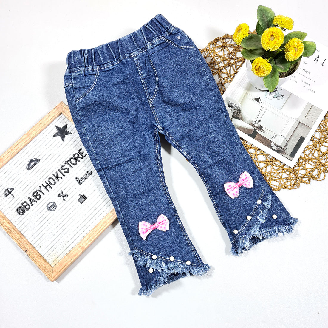 [001336] - Import Bawahan Jeans Panjang Anak Perempuan - Motif Pearl Ribbon