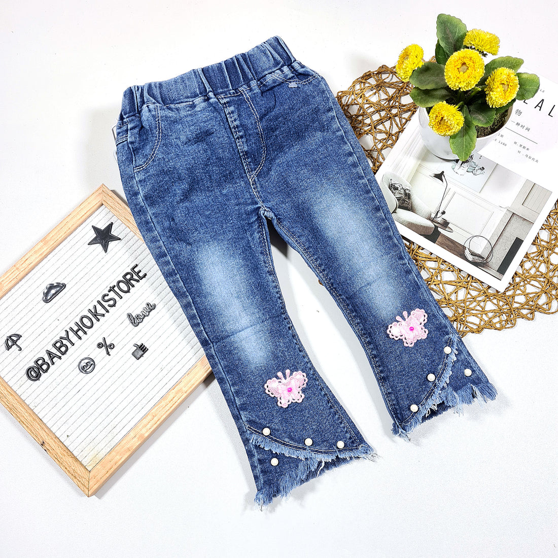 [001337] - Bawahan Jeans Panjang Anak Perempuan - Motif Pearl Butterfly