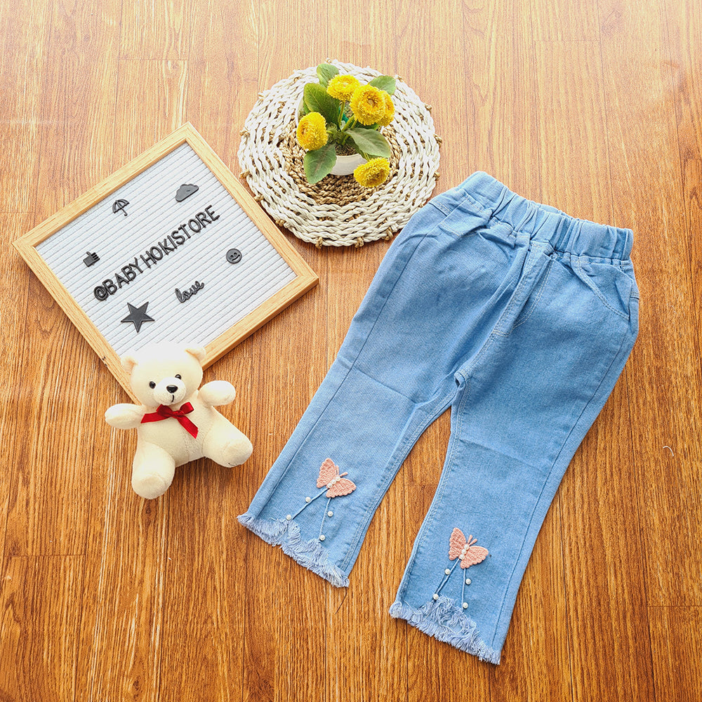 [001375] - Import Bawahan Jeans Panjang Anak Perempuan - Motif Pearl Butterfly