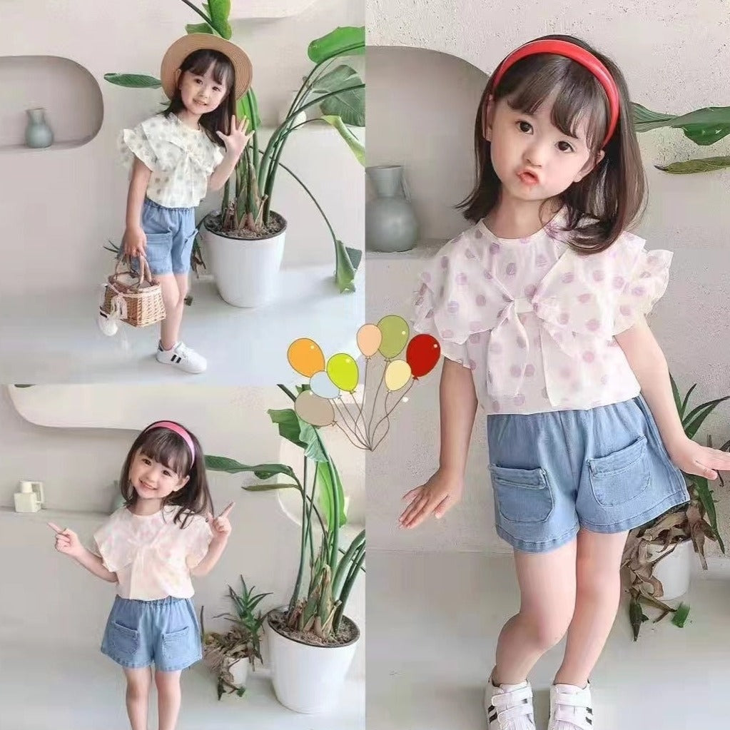 [001377] - Setelan Ootd Fashion Anak - Motif Polkadot style