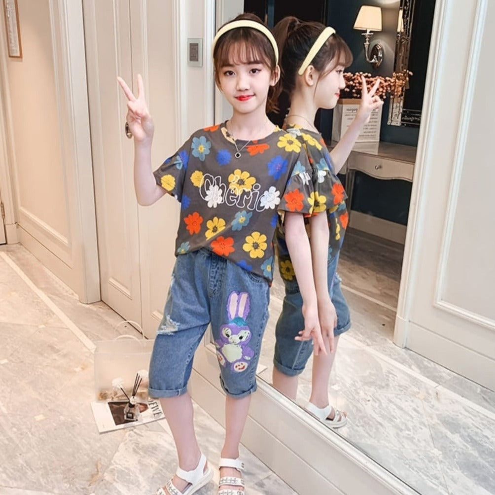 [001383] - Setelan Kaos Bunga Celana Pendek Jeans Sobek Anak Perempuan - Motif Flower Bunny