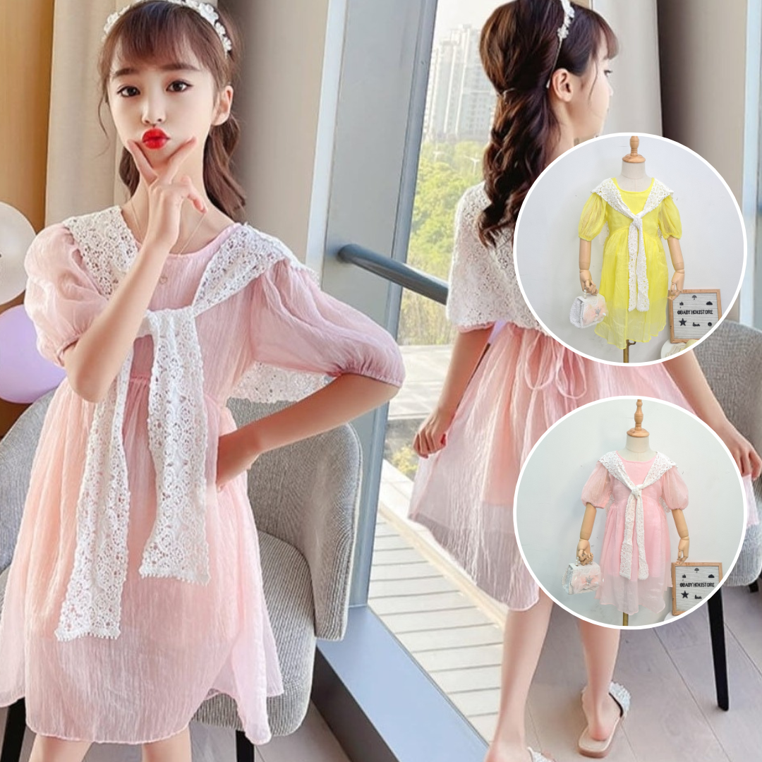 [001386] - Dress Gaun Lengan Pendek Anak Perempuan Gaya Korea - Motif Layered Wrinkles