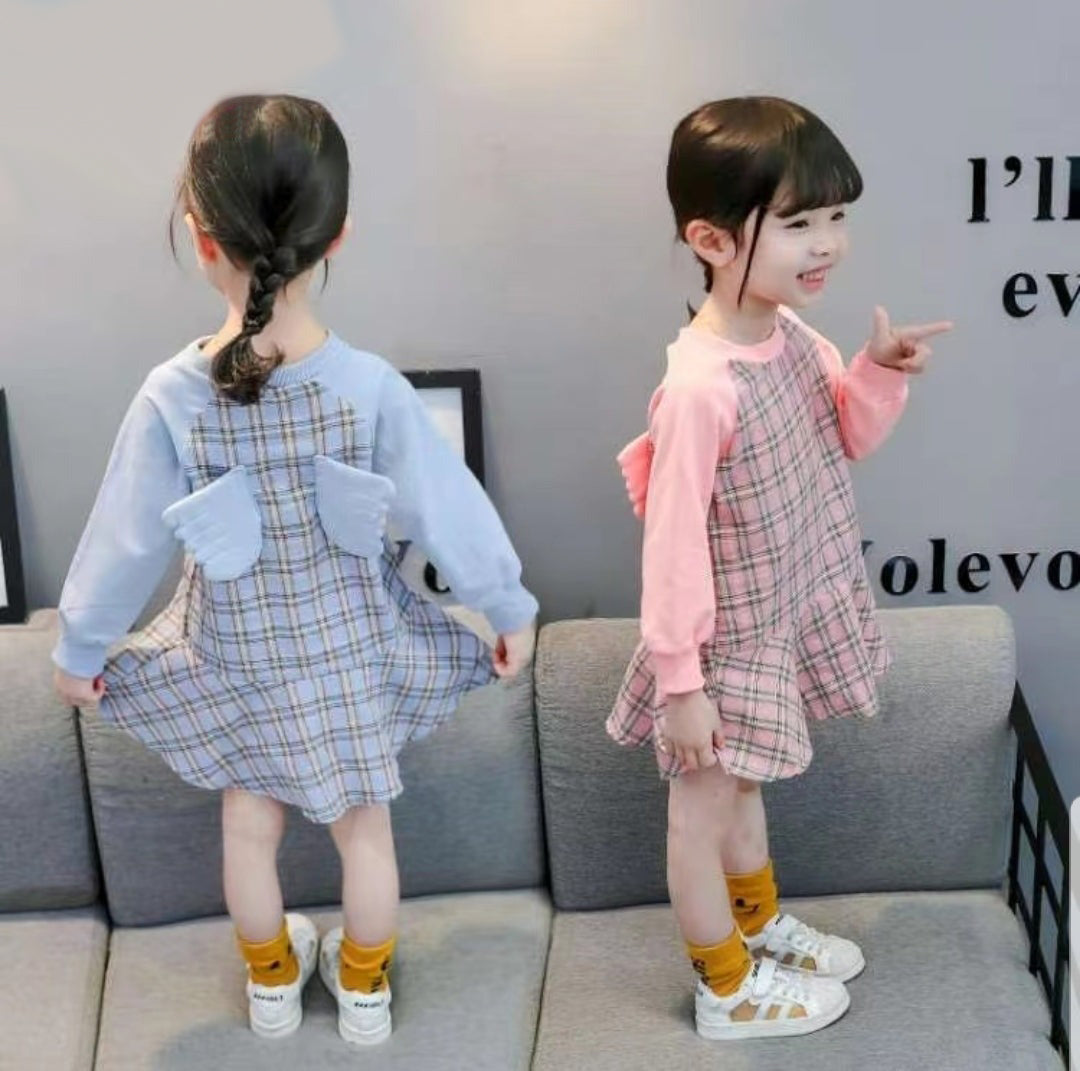 [001396] - 3D Dress Kotak-kotak Lengan Panjang Anak Perempuan - Motif Little Wings
