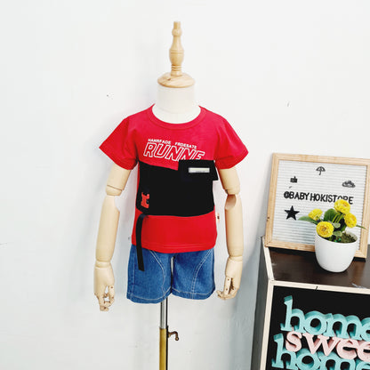 [001397] - Setelan Kaos Celana Pendek Jeans Anak Cowok - Motif Plain Runne