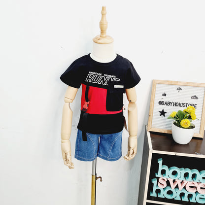 [001397] - Setelan Kaos Celana Pendek Jeans Anak Cowok - Motif Plain Runne