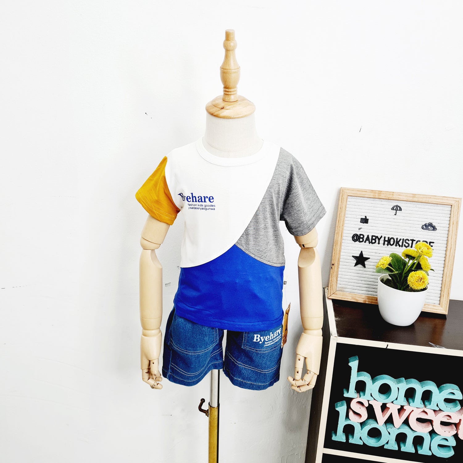 [001398] - Setelan Kaos Celana Pendek Denim Jeans Anak Cowok - Motif Casual Byehare