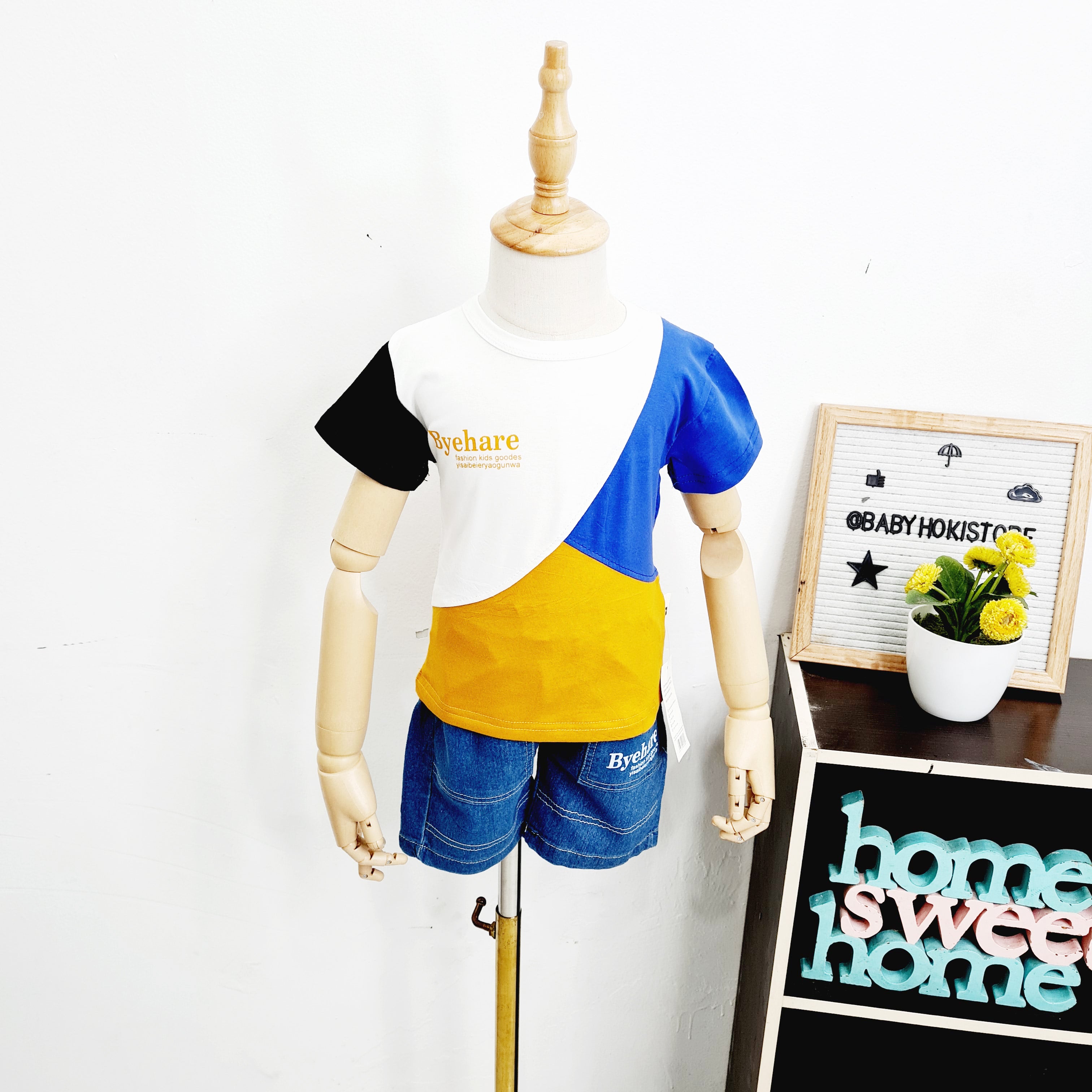 [001398] - Setelan Kaos Celana Pendek Denim Jeans Anak Cowok - Motif Casual Byehare