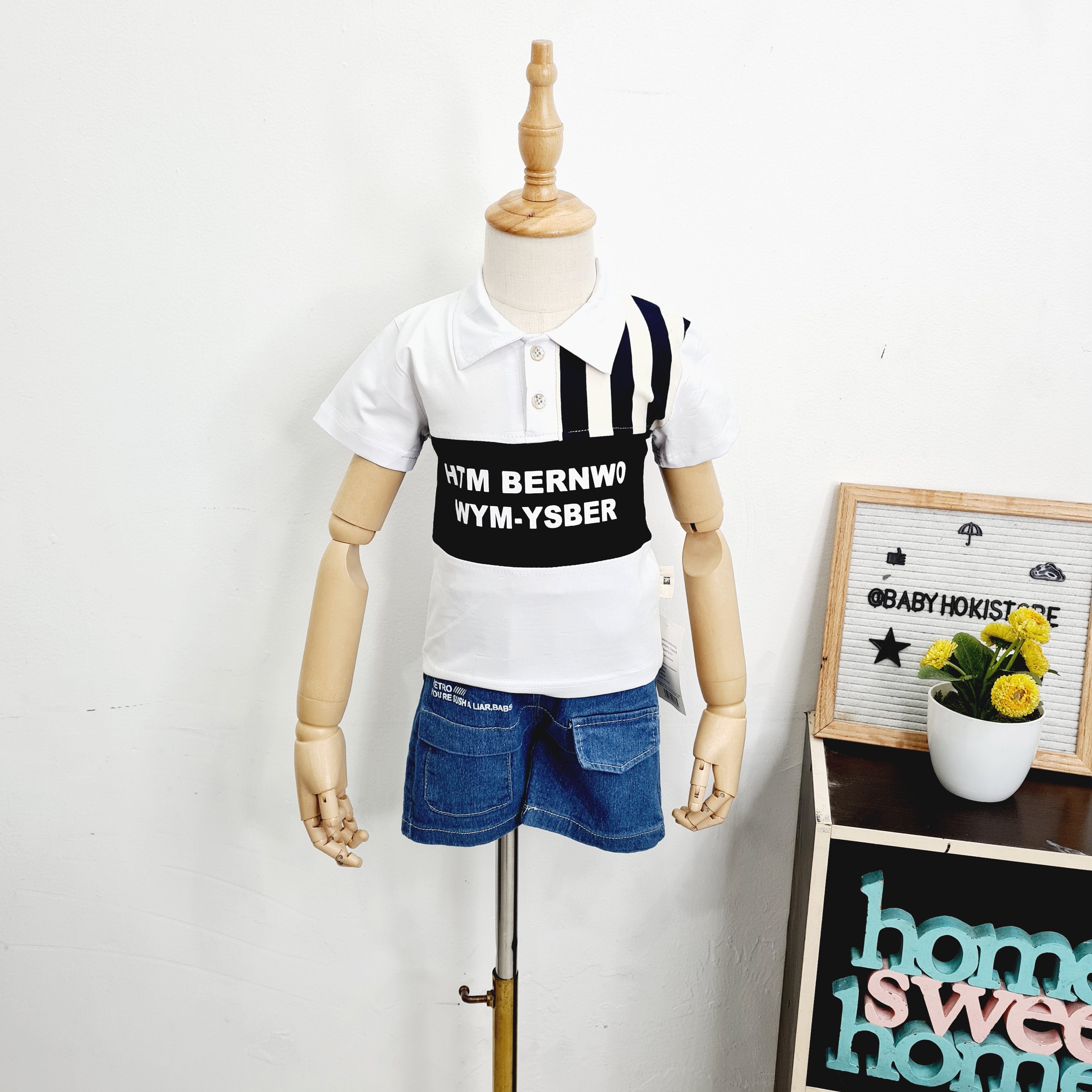 [001399] - Setelan Kaos Kerah Polo Celana Pendek Denim Jeans Anak Cowok - Motif Plain Strip